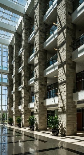 A sun-drenched atrium, with tall stone pillars, glass panels, and lush greenery, creates a bright and airy modern office space.