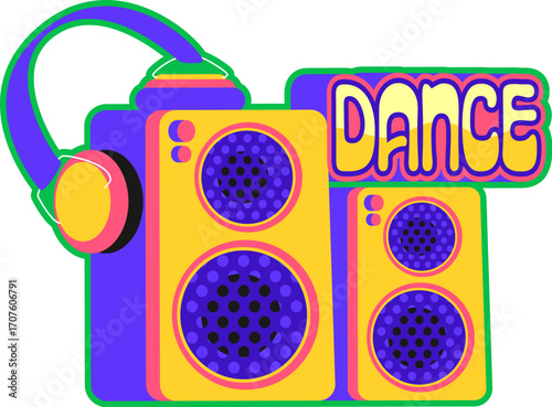 Computer speakers headphones Y2K groovy sticker or vintage symbol. PC device groovy vector tag, computer electronics gadget Y2K patch. Electronics technology label with audio speakers and headset