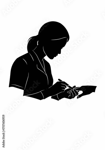 A silhouette of a manicurist working on a client's nails, a close-up view.