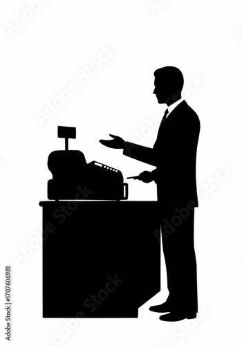 Silhouette of a cashier at a cash register