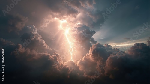 A lightning bolt in the sky above a cloudy sky