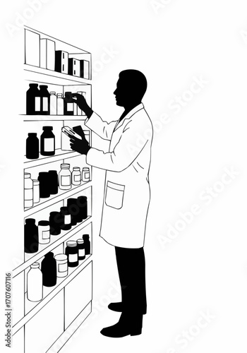 A pharmacist meticulously organizing medicines on a shelf.