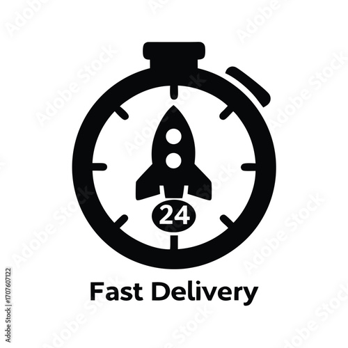 A monochrome clock face includes a rocket with the number twentyfour marking fast delivery
