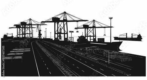 An artistic depiction of a harbor filled with cargo ships and cranes.