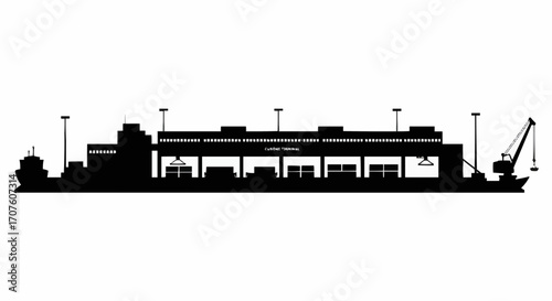 Silhouette of a modern container ship at a busy cargo port, showcasing maritime commerce. 