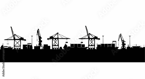 Silhouette of a bustling industrial harbor with cranes and shipping containers.