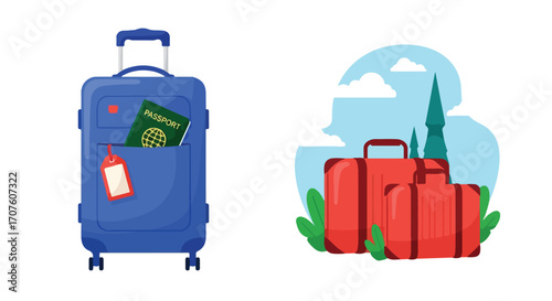 Essential travel gear A vibrant illustration showcasing packed suitcases with passport and luggage tags, symbolizing preparation for a delightful vacation or journey around the world