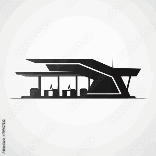 Minimalist illustration of a modern gas station silhouette.