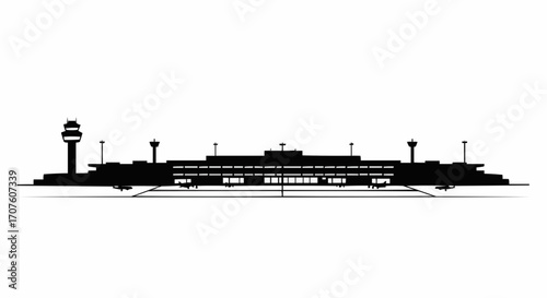 A minimalist black silhouette of a modern airport terminal against a plain backdrop.