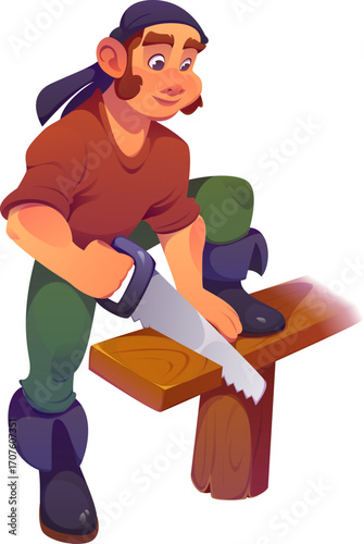 Pirate carpenter ship crew cartoon corsair character wearing a bandana is sawing a wooden plank with a hand saw, highlights craftsmanship, woodworking skills, and a cheerful approach to manual labor