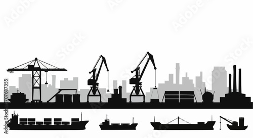 A silhouette of an industrial port with cranes and cargo ships.