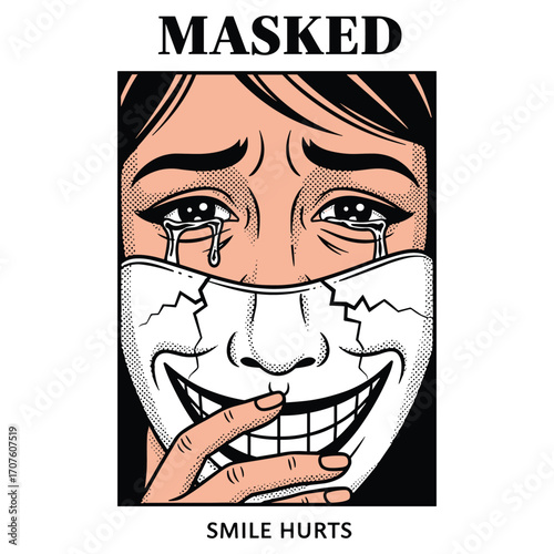 Vector Illustration of Masked Smiling Face with Tears and Facial Expression in Pop Art Style