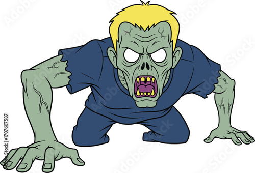 Colored zombie crawling vector illustration, scary undead monster with yellow hair, horror Halloween character, creepy zombie graphic design, spooky horror art
