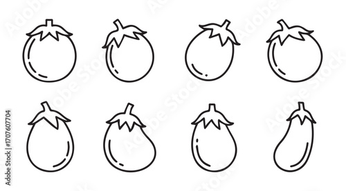 Collection of hand drawn eggplant illustrations in a simple silhouette style
