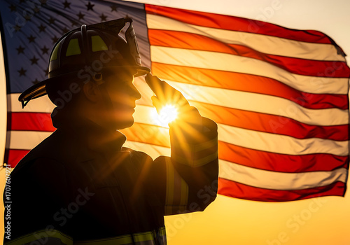 A firefighter in silhouette salutes the American flag at sunset, with the sun shining brightly behind the flag.
