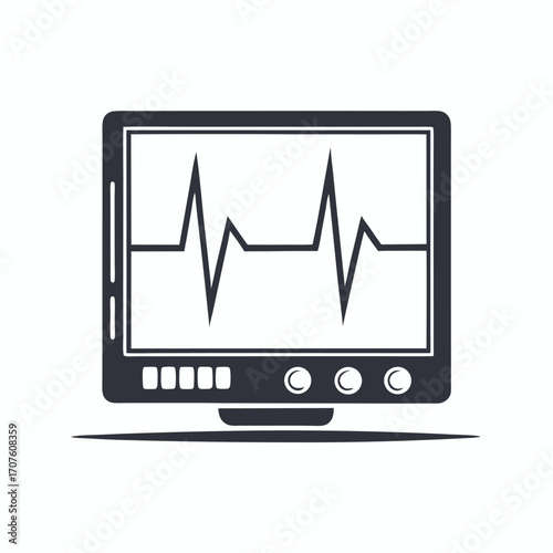 A monochrome medical monitor displays an EKG heartbeat rhythm with settings on its right side