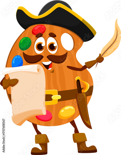 Cartoon paint palette school stationery pirate and corsair crew character. Vector artist tool personage with treasure map and feather pen, ready to search hidden loot in vivid drawing class adventures