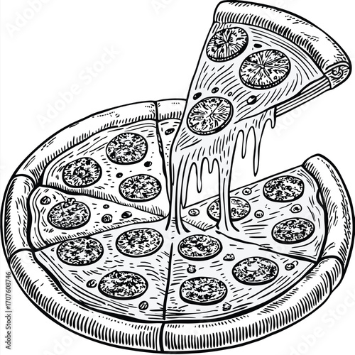 A monochrome pepperoni pizza illustration has one slice being lifted, revealing stringy dripping cheese
