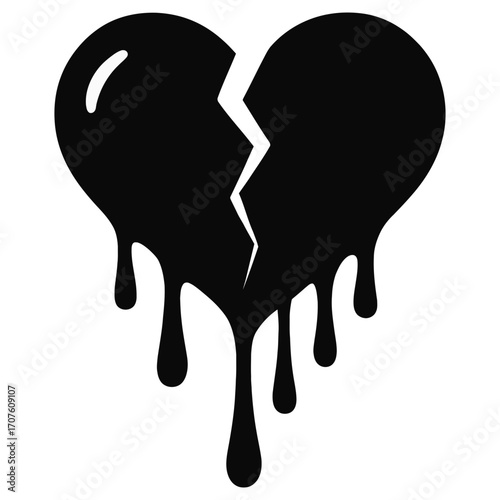 Black dripping broken heart symbolizing heartbreak, sadness, pain, sorrow and lost love