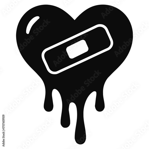 Black dripping heart with bandage symbolizing healing, heartbreak, recovery and resilience