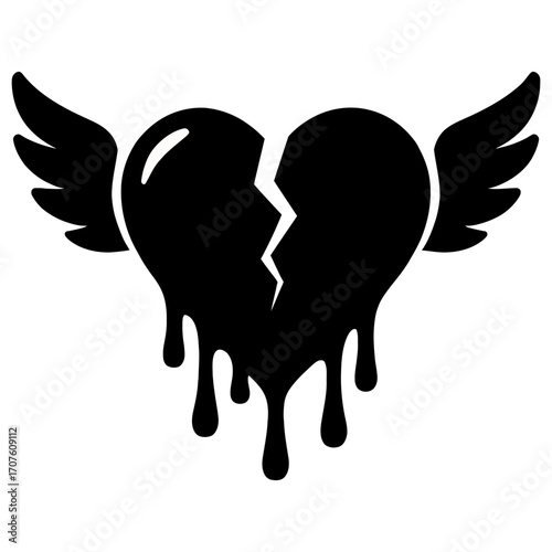 Black dripping broken heart with wings symbolizing heartbreak, sorrow, freedom and loss