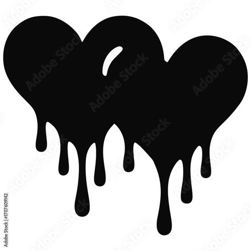 Two black dripping hearts symbolizing love, unity, romance, heartbreak and devotion