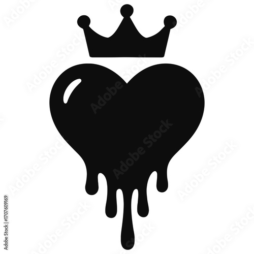 Black dripping heart with crown symbolizing royalty, love, power, strength and devotion