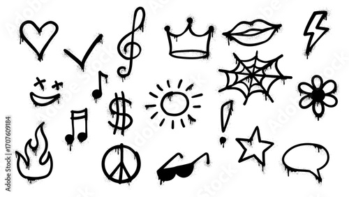 Grunge street graffiti spray paints. Vector set of monochrome urban symbols like heart, star and sun, clef, fire, music notes and speech bubble, sunglasses and spiderweb with spray paint texture