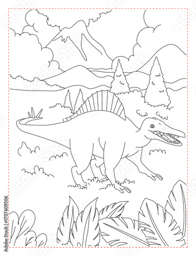 Tyrannosaurus Rex Mountain Hiking Coloring Page: Epic Dinosaur Landscape