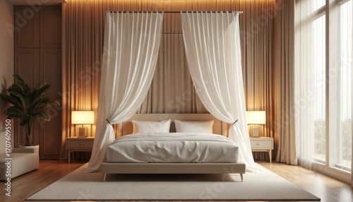 Luxurious bedroom interior canopy bed with sheer white drapes. Warm ambient lighting from bedside lamps, back wall creates serene mood. Elegant neutral palette with plush rug, large window with soft