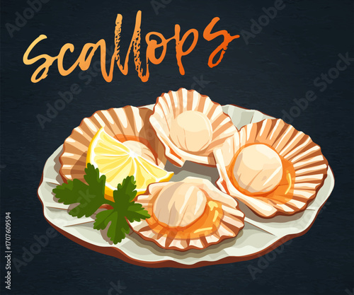 Cartoon vector illustration of scallops on a white plate icon isolated on black chalkboard. Seafood scallops plump and seared, with a golden brown crust design. A sprig of fresh parsley 