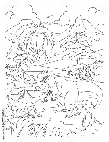 Epic Dinosaur Territory Fight Coloring Page: T-Rex vs. Spinosaurus