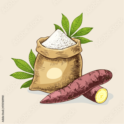 Fresh cassava root and cassava flour bag, illustration for healthy food and recipes