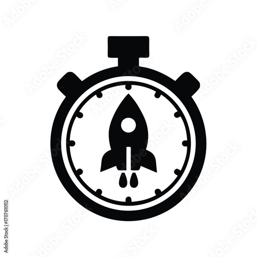 A rocket is inside a stopwatch, shown in silhouette on white background