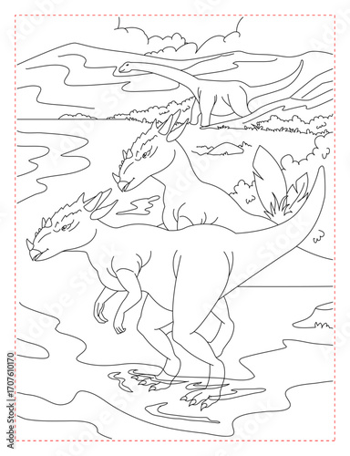 Triceratops Crossing the River Coloring Page: Dramatic Dinosaur Scene