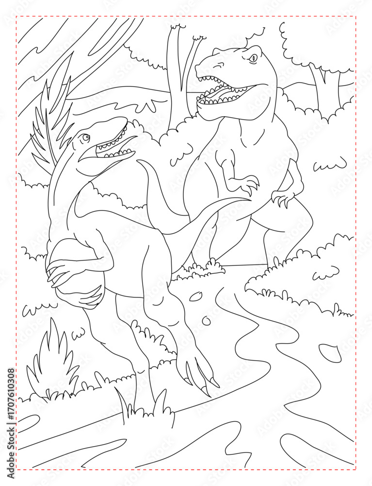 Fototapeta premium Oviraptor Eggs Thief Coloring Page: Dinosaur Sneaking Through Forest