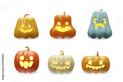 3d Halloween pumpkin set forms, colors, emotions. Glowing scary decoration for October holiday. Three-dimensional vector illustration spooky face light. Autumn Jack o lantern carved evil celebration