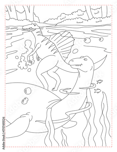 Spinosaurus Coloring Page: Large Predator with a Sail in a Swampy Landscape