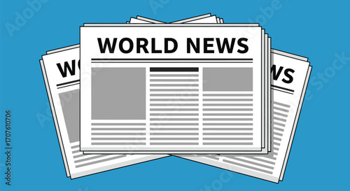 Illustration of newspapers with the headline "World News" on a blue background.