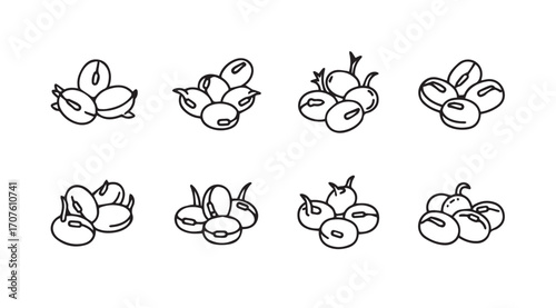Collection of eight hand drawn clusters of beans or legumes silhouette