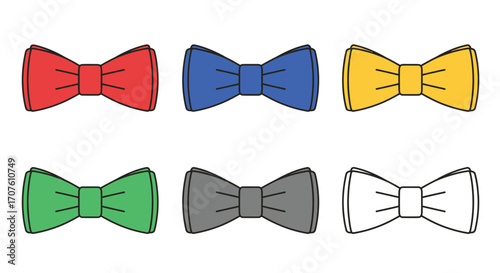 A collection of six colorful illustrated bow ties in red, blue, yellow, green, gray, and white.