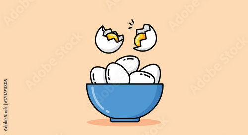 Illustration of eggs in a bowl with a cracked eggshell above.