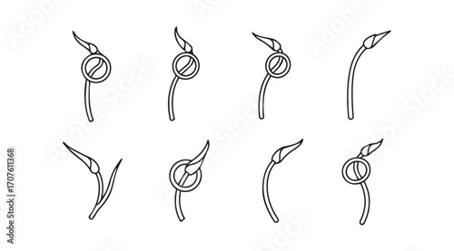 Eight detailed illustrations of a single plant seedling sprouting silhouette