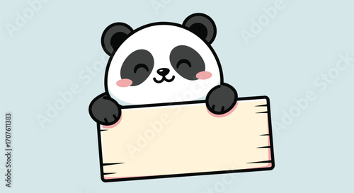 A cute cartoon panda with a happy expression peeking over a blank wooden sign for text.