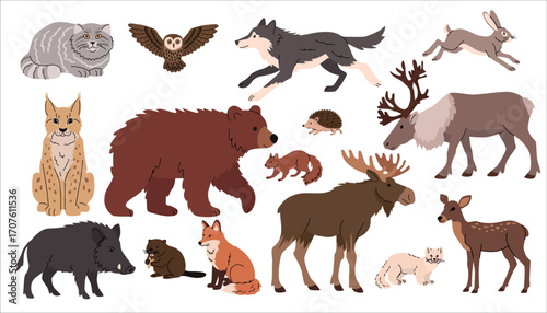 Flat illustration of various forest animals including bear, moose, owl, boar, wolf, fox, hare, lynx, squirrel, beaver, and reindeer. Cute flat style, perfect for childrens books, nature education, and