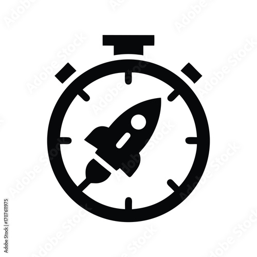 A sleek black stopwatch silhouette shows a rocket ship poised for rapid launch