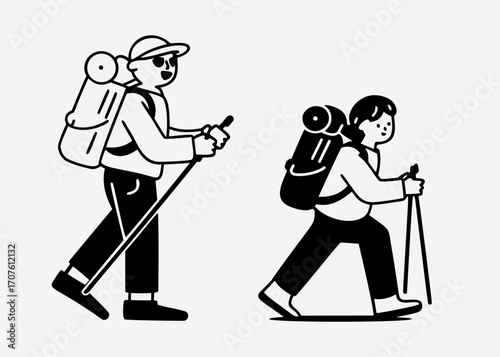People hiking doodle, travel adventure illustration, men and women backpackers walking. Outdoor recreation activity, sport and tourism.