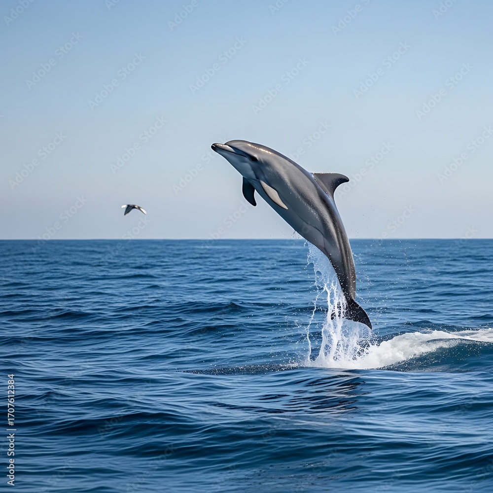 Fototapeta premium A graceful dolphin leaps majestically out of the clear blue ocean waters, showcasing its powerful form against a serene, light-blue sky.