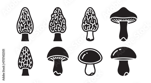 Collection of various mushroom silhouettes in a simple line art style
