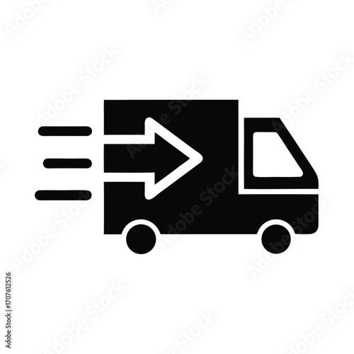 A solid black delivery truck with speed lines and arrow moves quickly forward